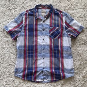 Men’s Guess Slim Fit Button Up Short Sleeve Shirt Blue and Red Plaid Size XL